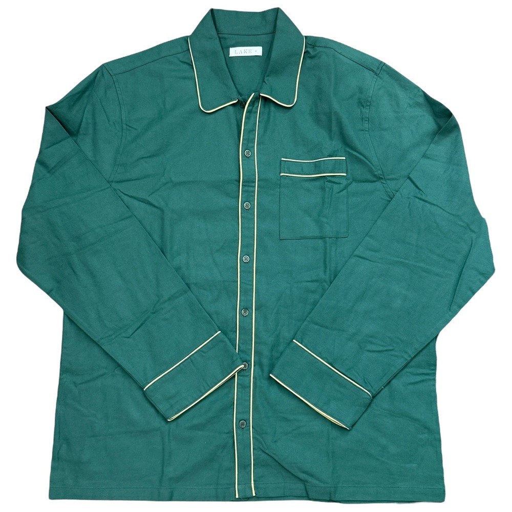 LAKE Men's Green Cotton Pajama Shirt Long Sleeve Button Up Piping Size M